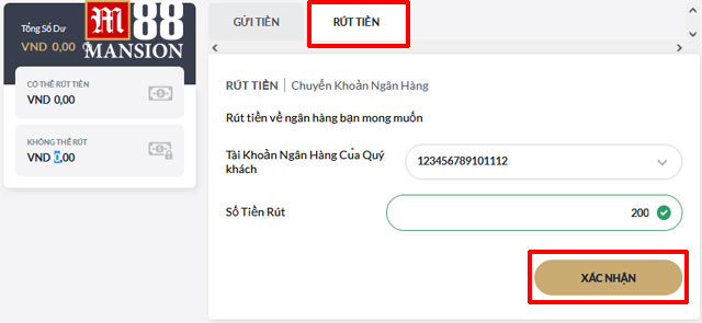 Điền vào giao diện rút tiền M88
